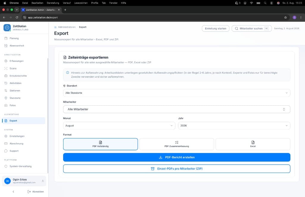 PDF- und Excel-Export erfasster Arbeitszeiten in ZeitStation