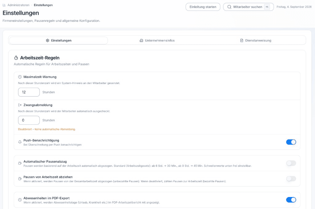 Arbeitszeit- und Pausenregeln im ZeitStation Admin-Portal